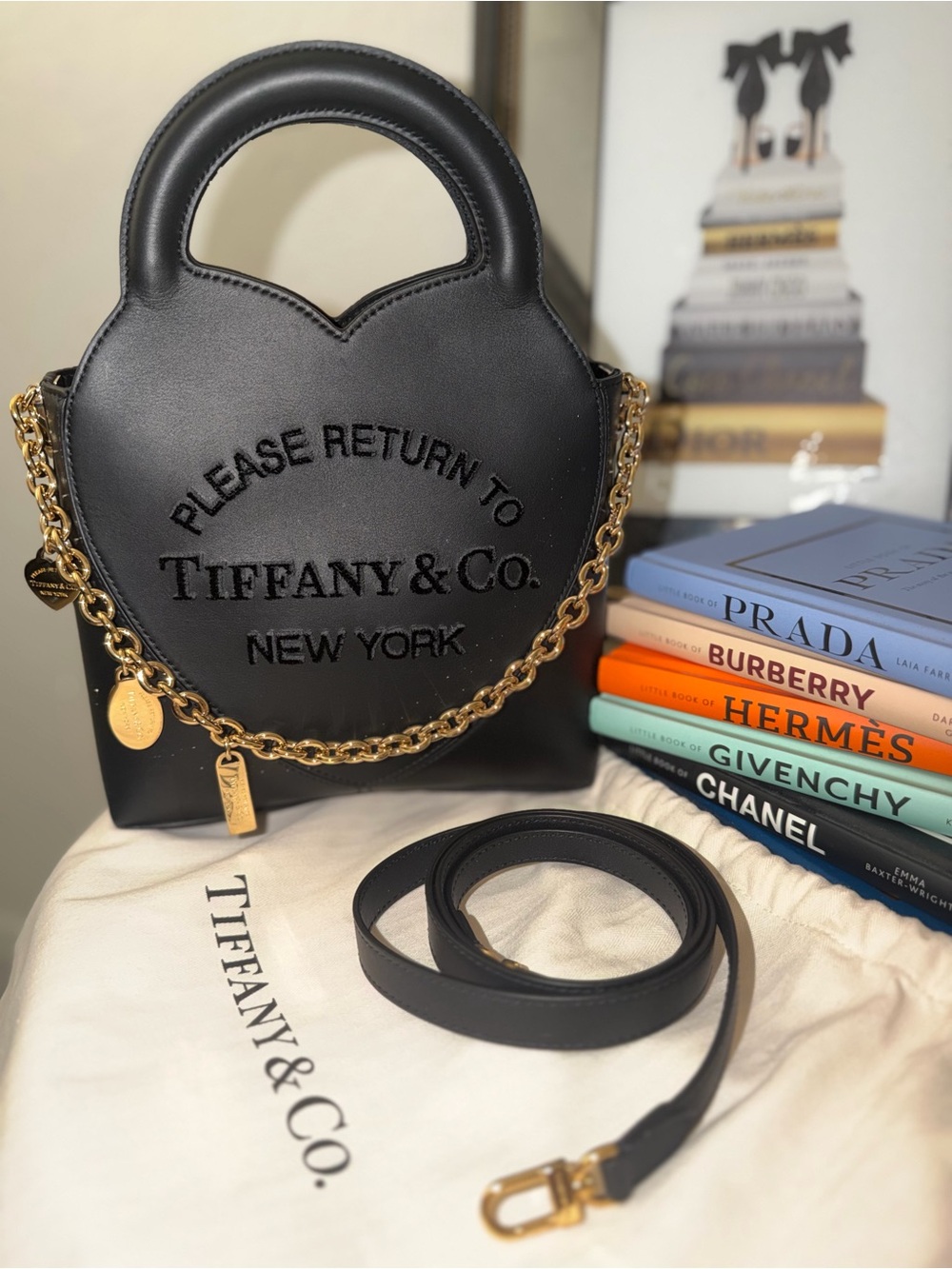 Tiffany & Co. Flocked Black Heart Bag with Gold Chain